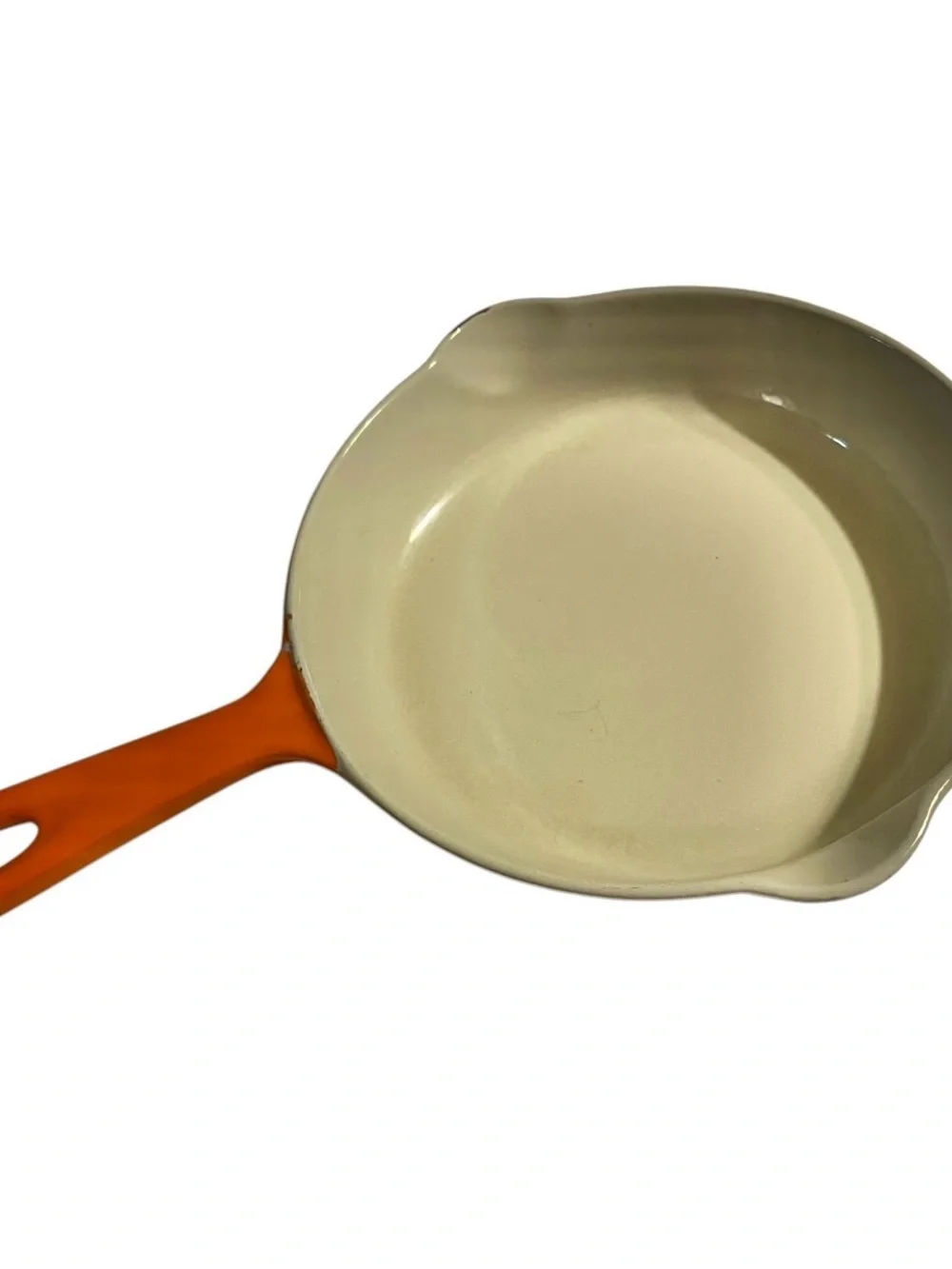 Le Creuset Orange flame Enamel Cast Iron Sm Skillet #16 France Double Spout 6”